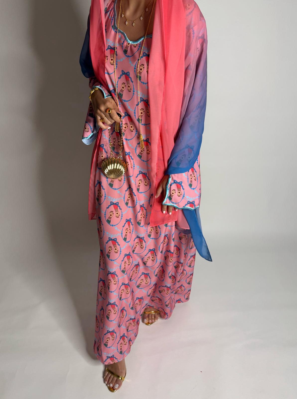 A533 - Pink & Blue Henna Pattern Jalabiya & Matching Ombre Head Scarf