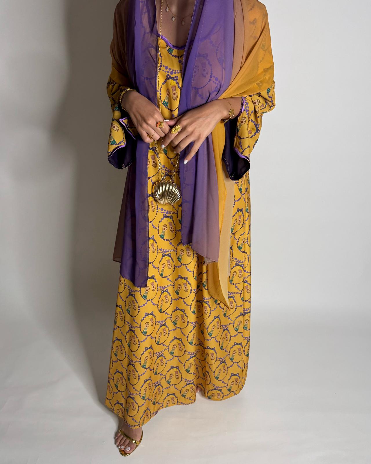 A531 - Mustard & Purple Henna Pattern Jalabiya & Matching Ombre Head Scarf