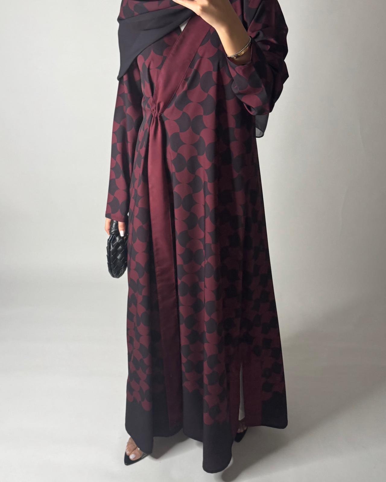A546 - Shades of Burgundy/ Maroon A-Cut Pattern Abaya & Matching Head Scarf