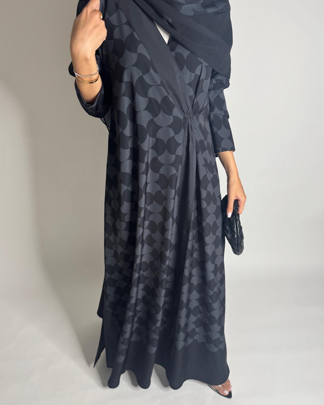 A544 - Black & Gray A-Cut Pattern Abaya & Matching Head Scarf