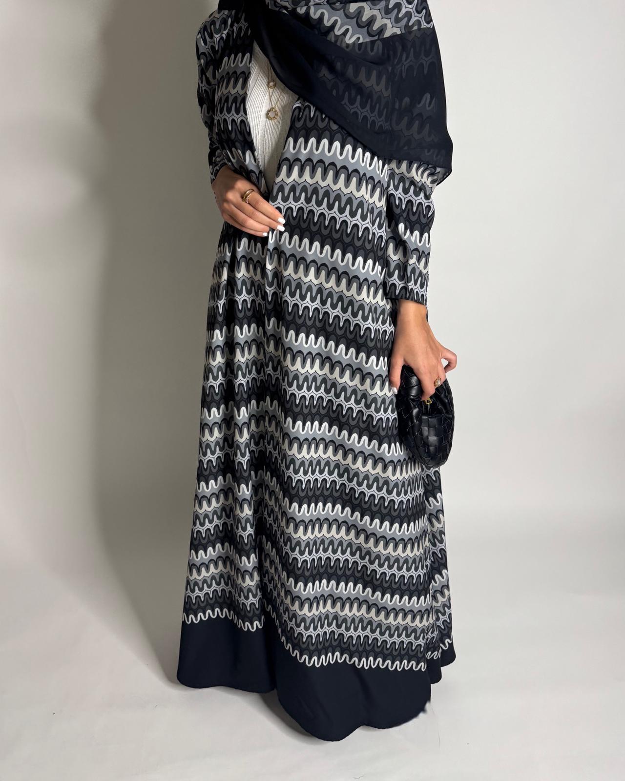 A566 - Black & Gray Swirl Pattern A-Cut Abaya & Matching Head Scarf