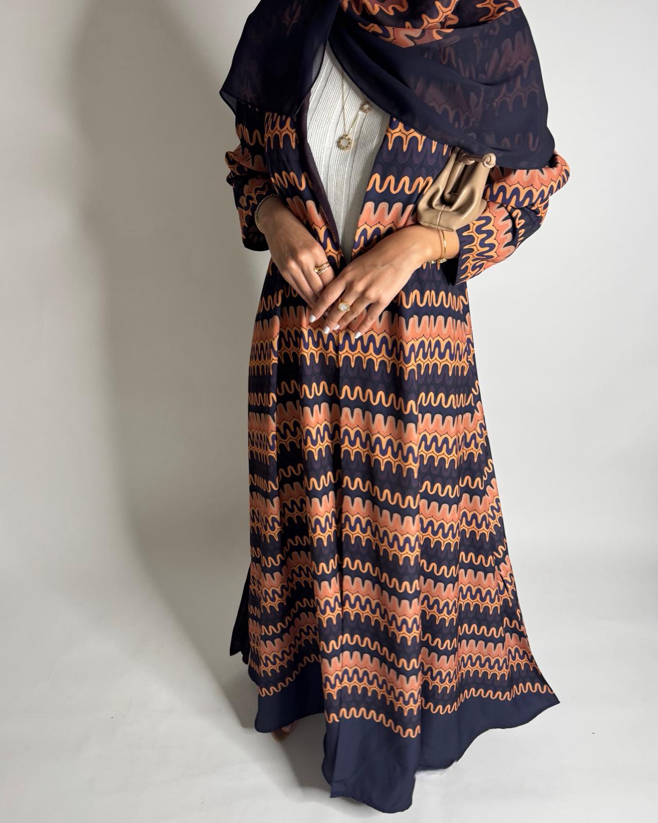 A564 - Purple & Peach Swirl Pattern A-Cut Abaya & Matching Head Scarf