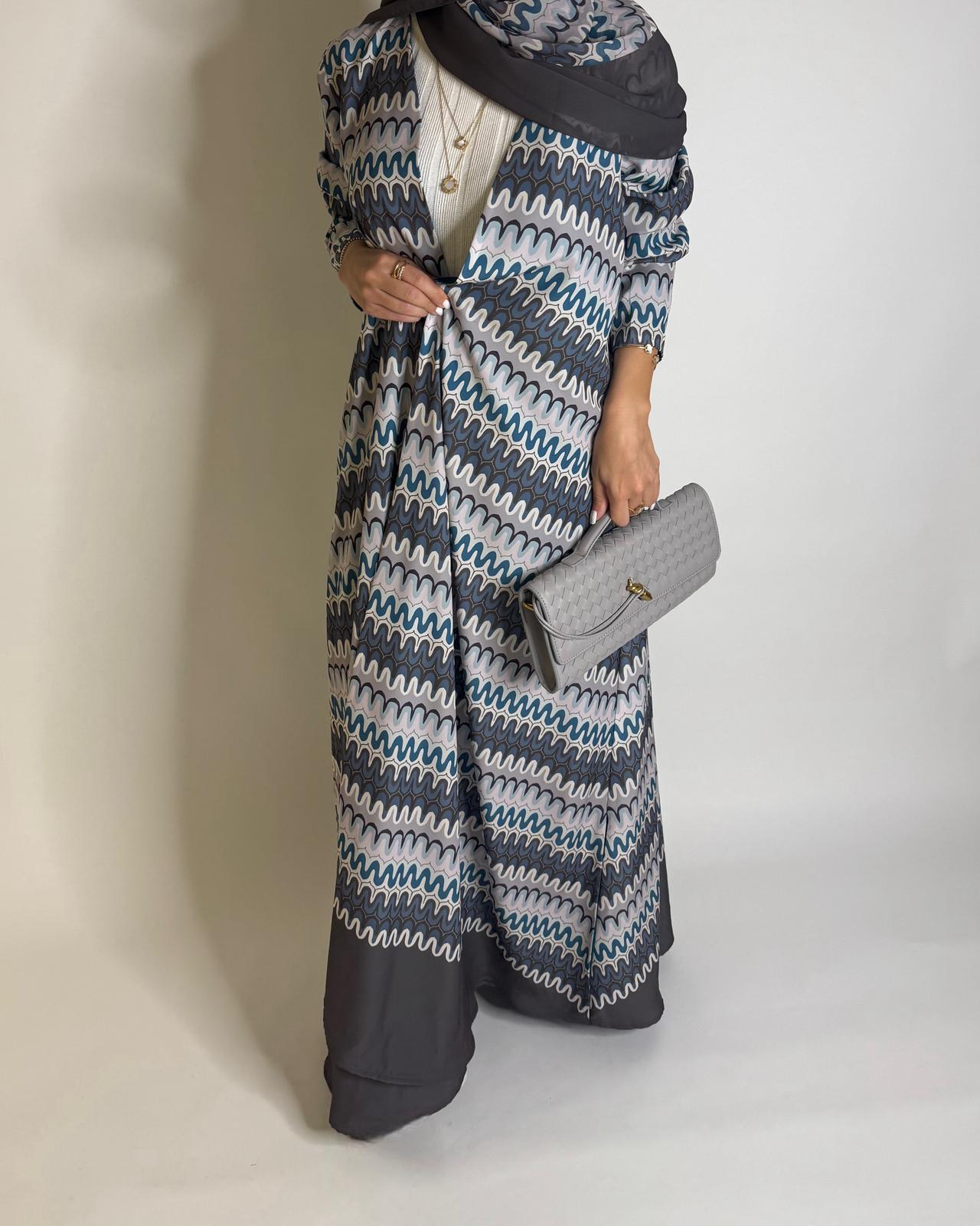 A561 - Gray & Blue Swirl Pattern A-Cut Abaya & Matching Head Scarf