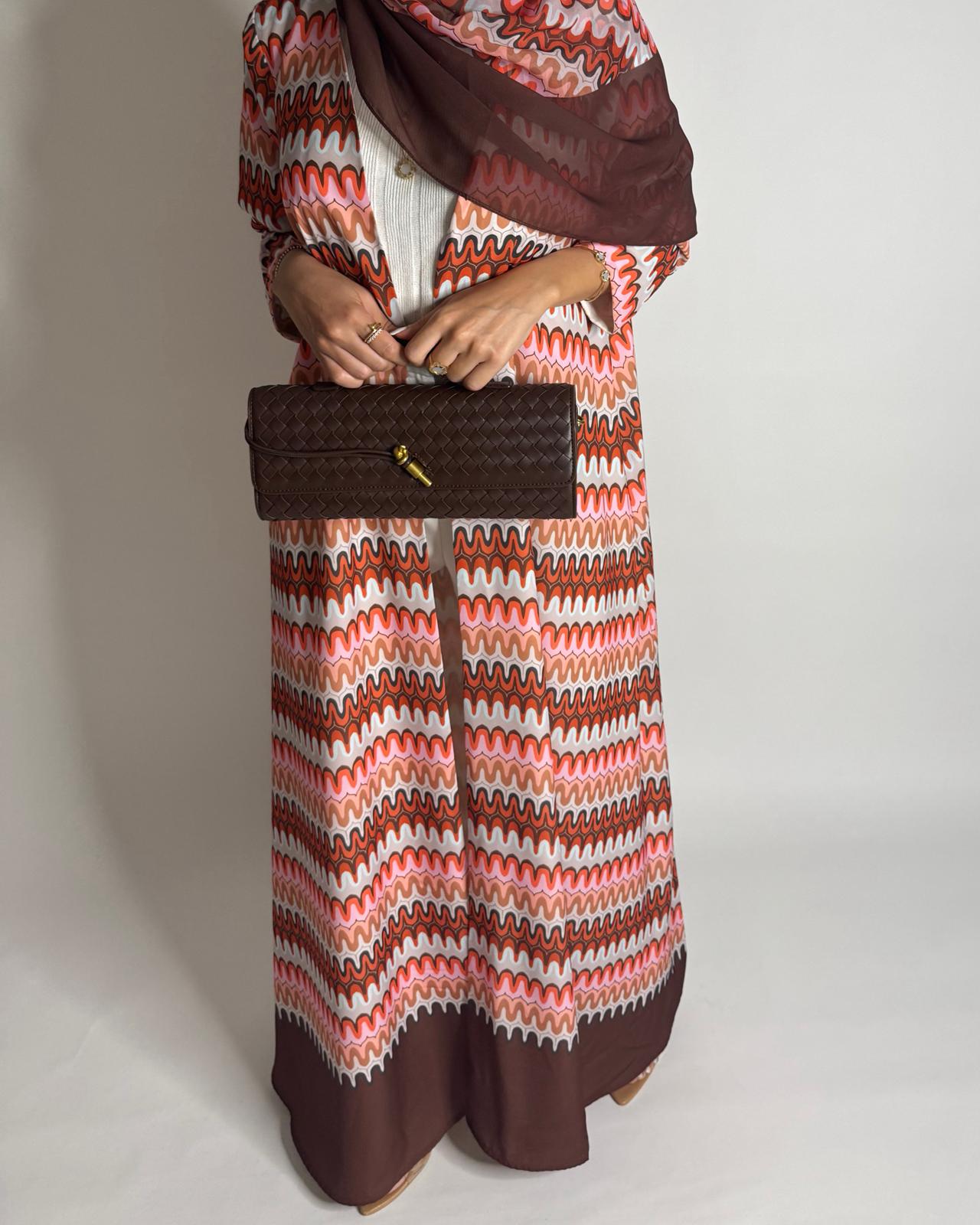 A560 - Pink & Brown Swirl Pattern A-Cut Abaya & Matching Head Scarf