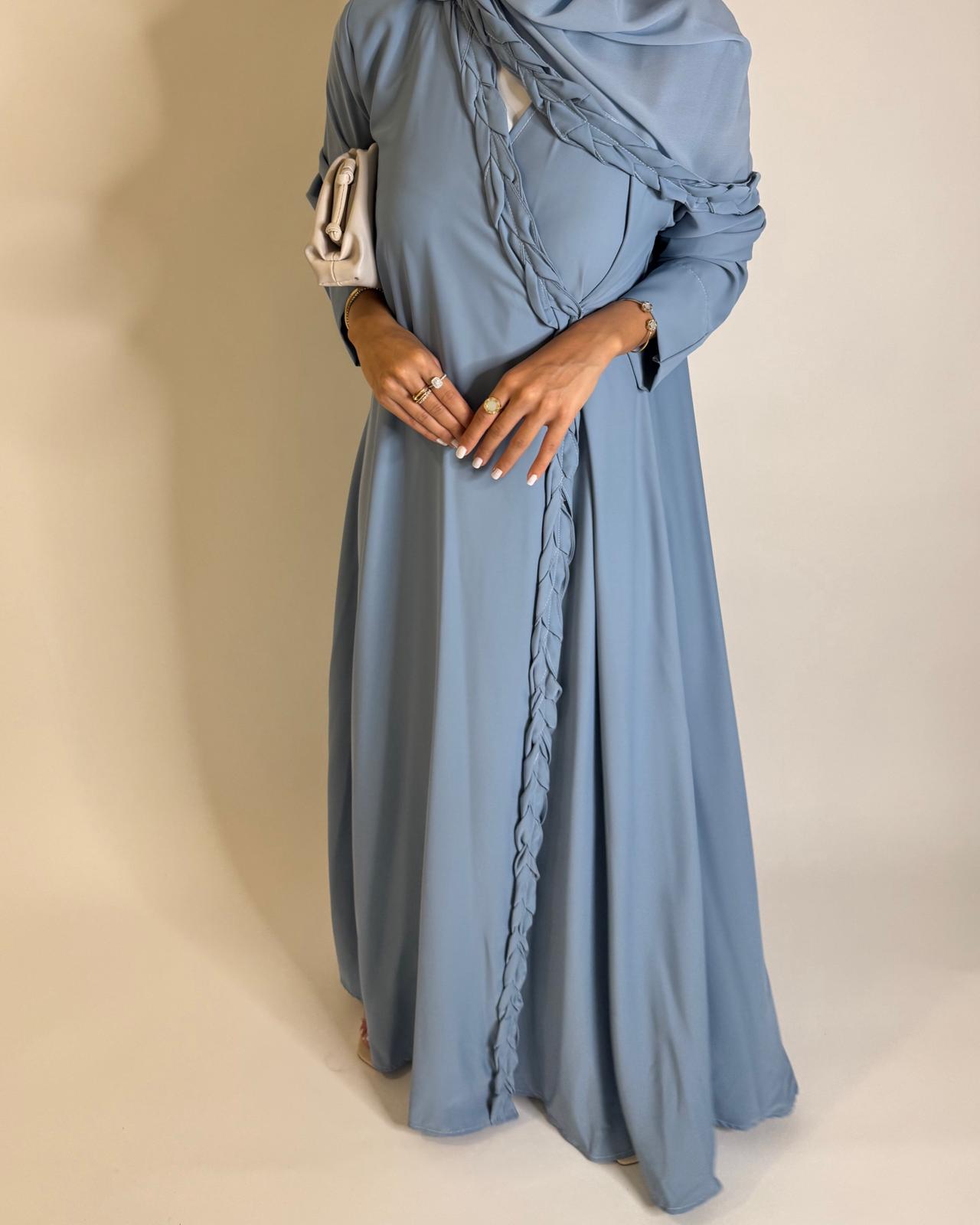 A568 - Baby Blue Braided A-Cut Crepe Abaya with Matching Head Scarf