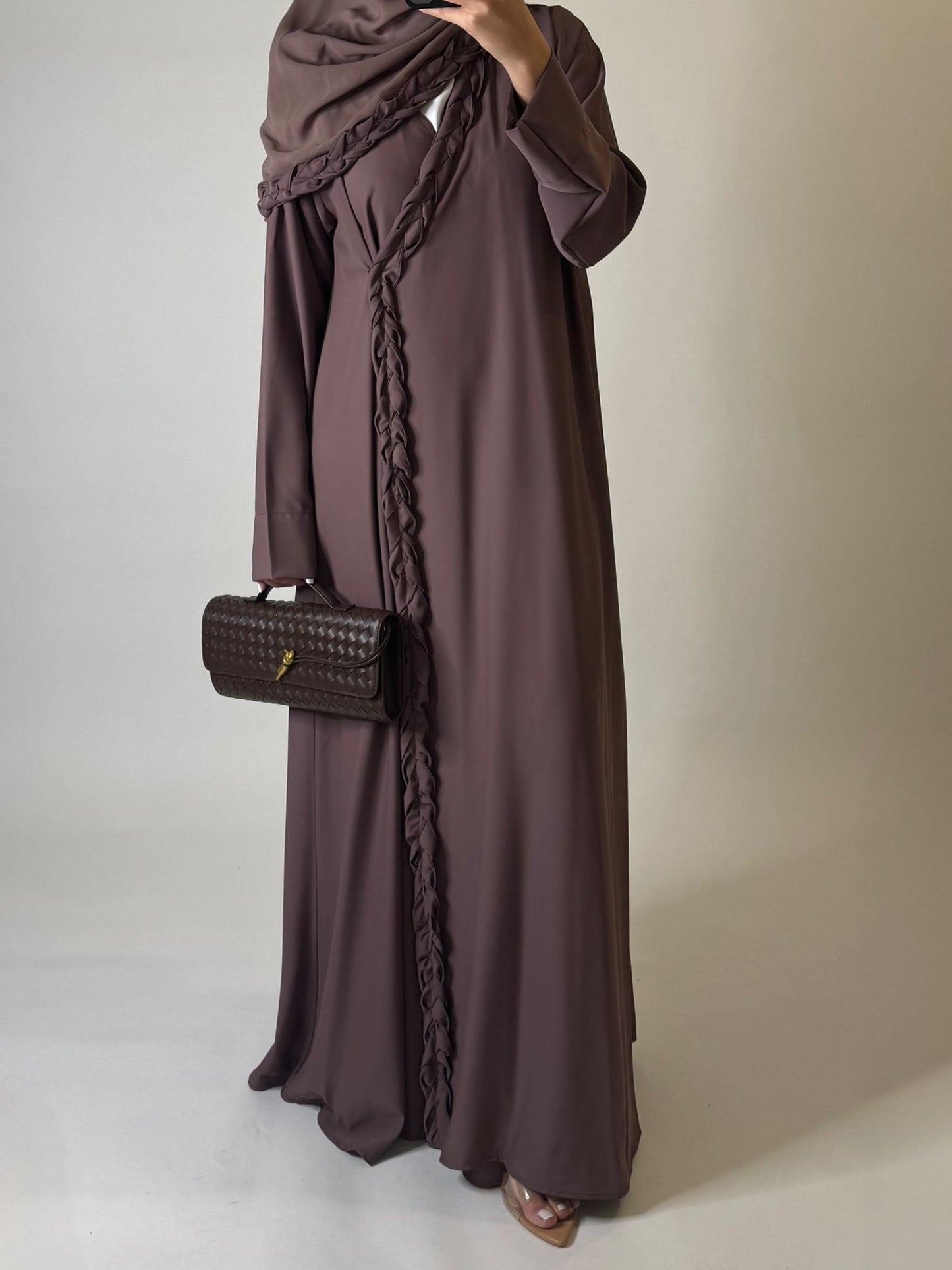 A569 - Brown Braided A-Cut Crepe Abaya with Matching Head Scarf