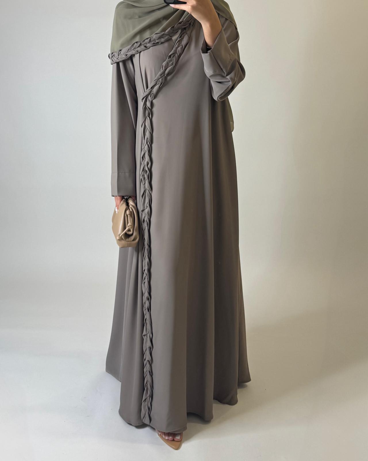 A571 - Khaki Green Braided A-Cut Crepe Abaya with Matching Head Scarf