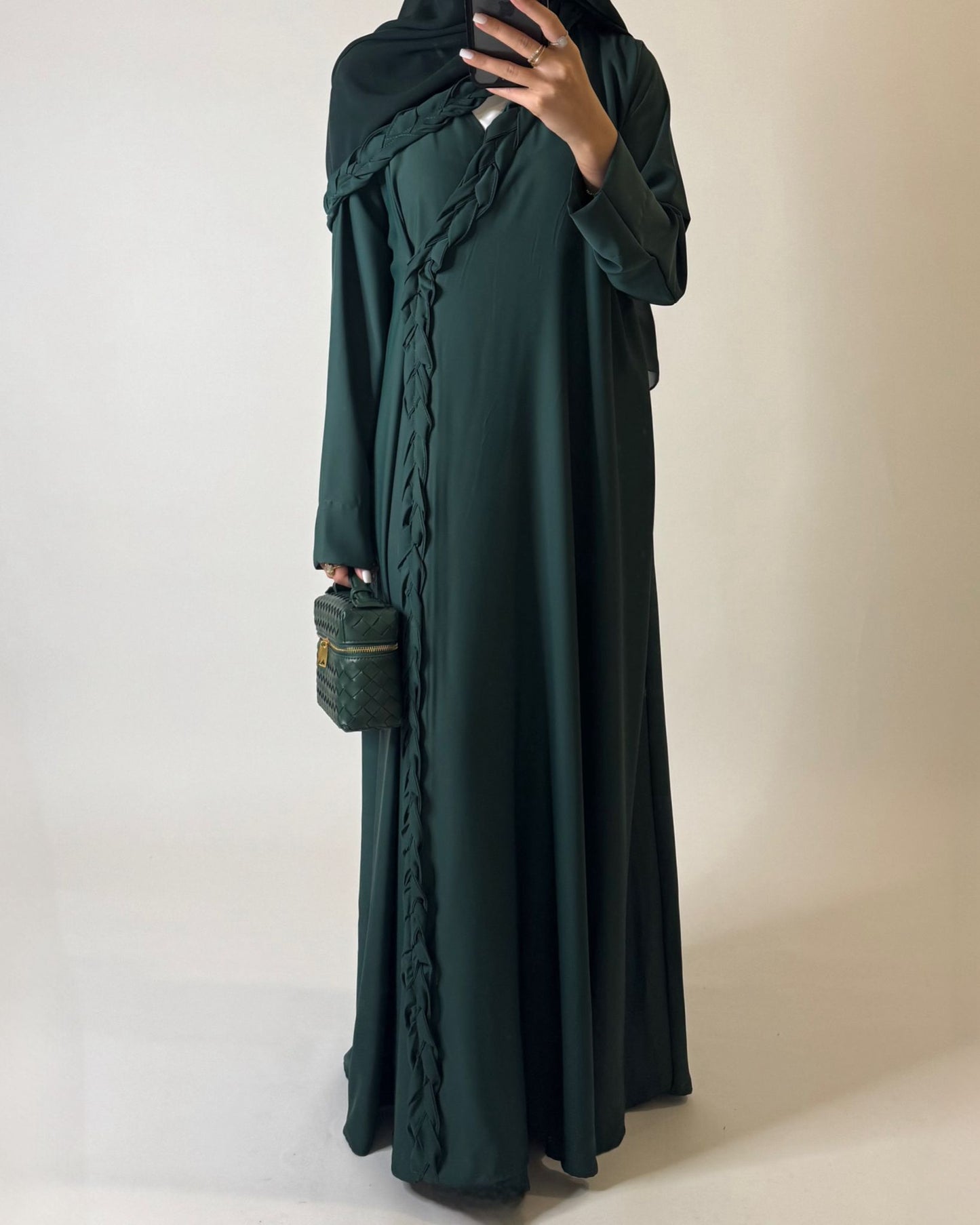 A573 - Forest Green Braided A-Cut Crepe Abaya with Matching Head Scarf
