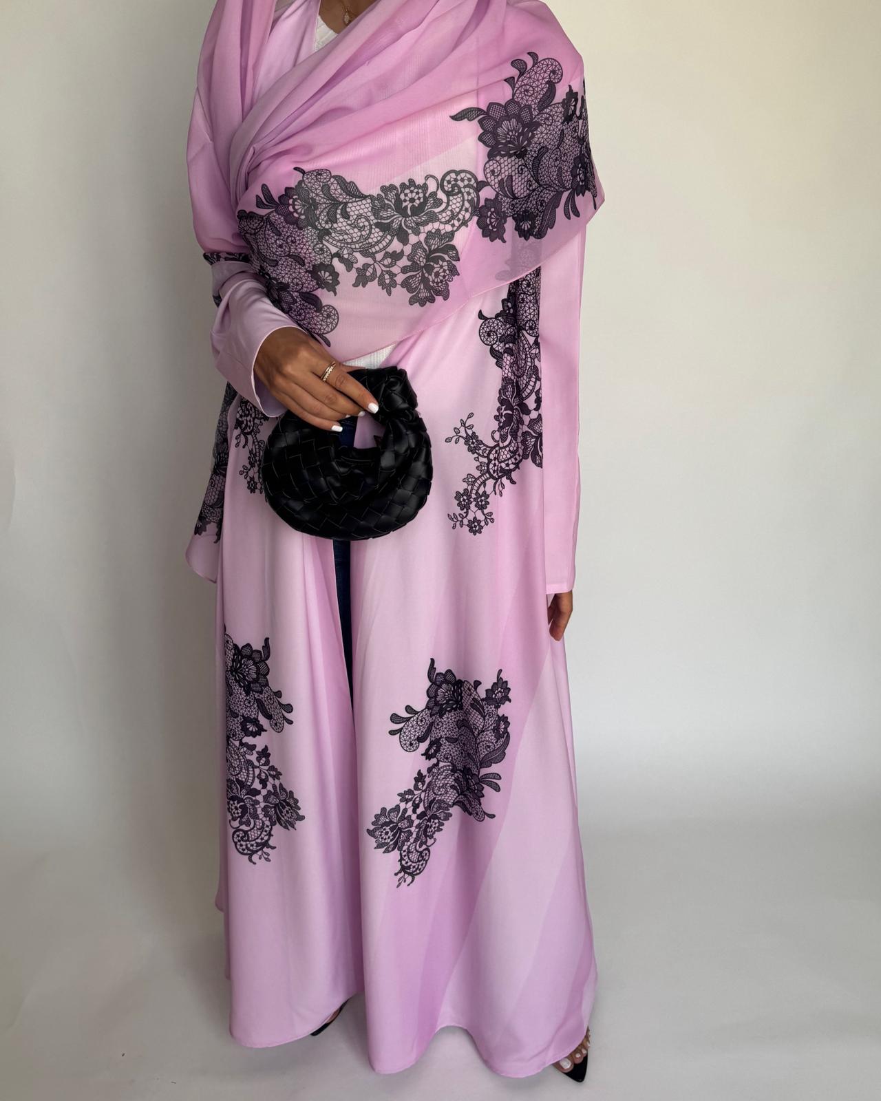 A576 - Pink Striped Abaya with Black Lace Pattern A-Cut Abaya & Matching Head Scarf