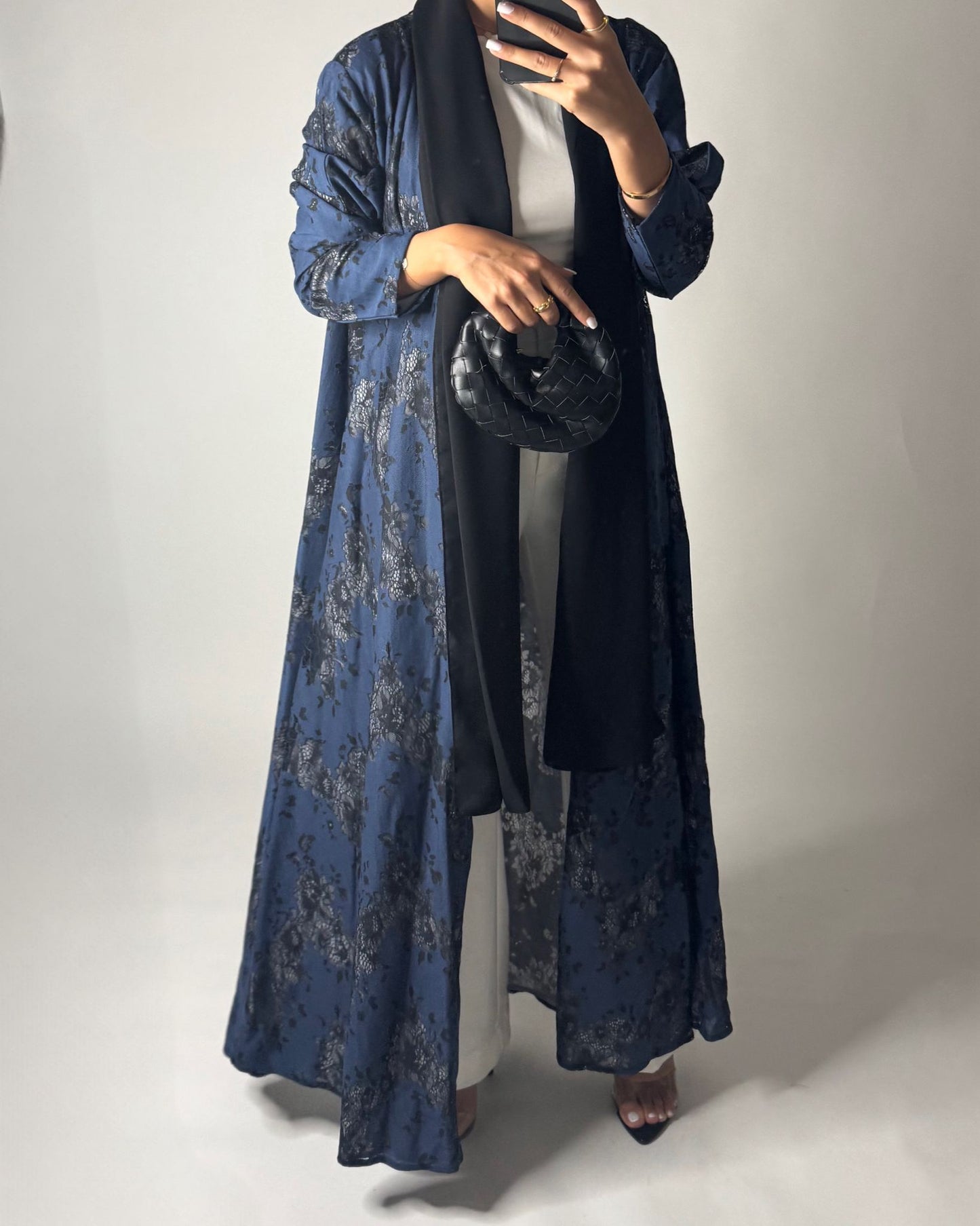 A594 - Blue & Black Linen & Lace A-CUT Summery Abaya & Matching Head Scarf