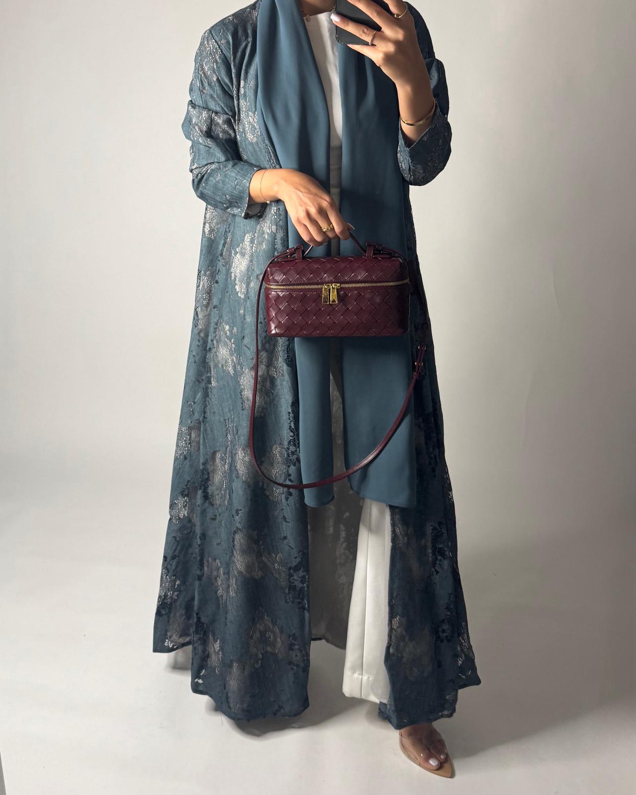 A590 - Teal Blue Linen & Lace A-CUT Summery Abaya & Matching Head Scarf