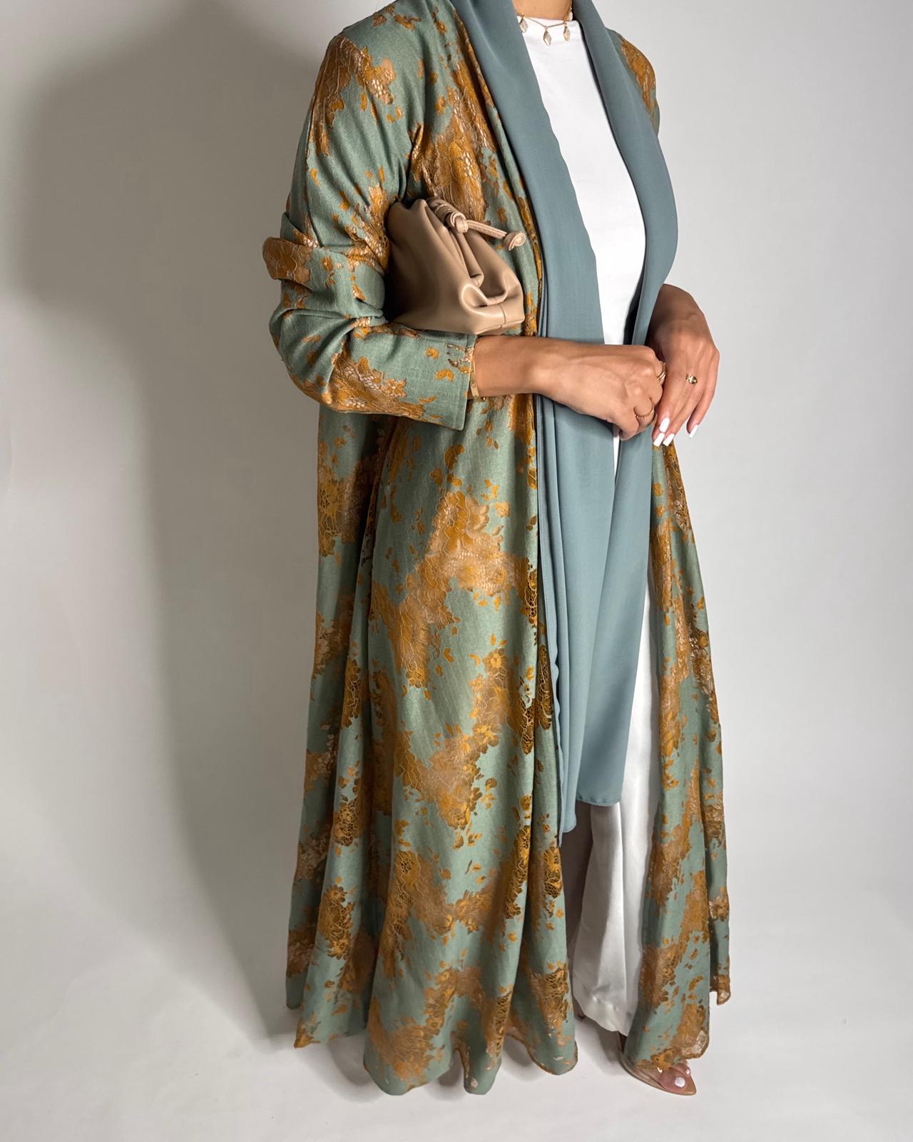 A595 - Green & Mustard Linen & Lace A-CUT Summery Abaya & Matching Head Scarf