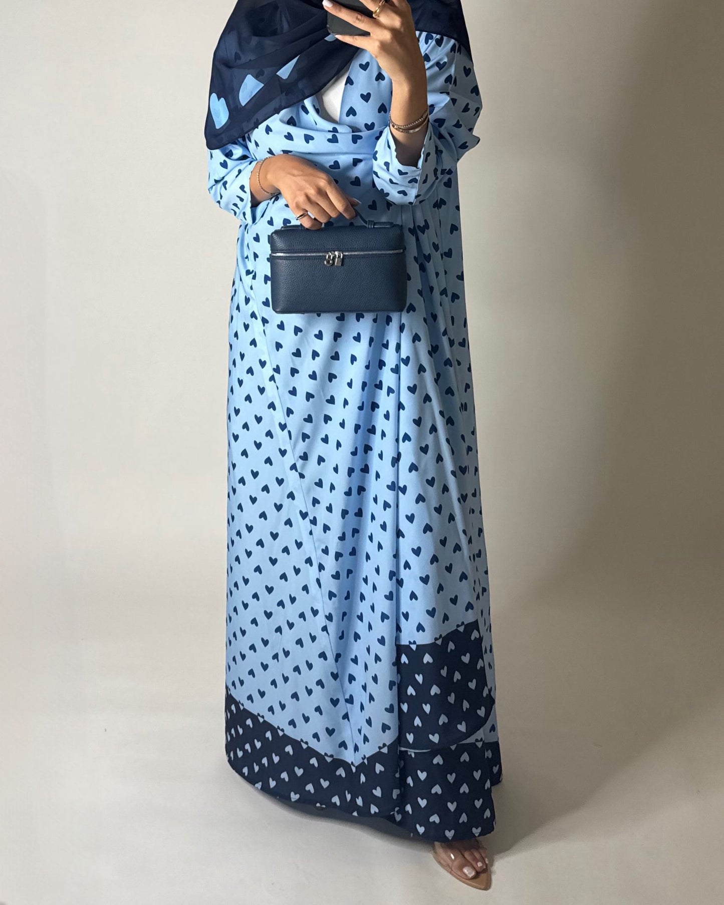 A605 - Light Blue & Dark Blue Heart A-CUT Wrap Summery Abaya & Matching Head Scarf
