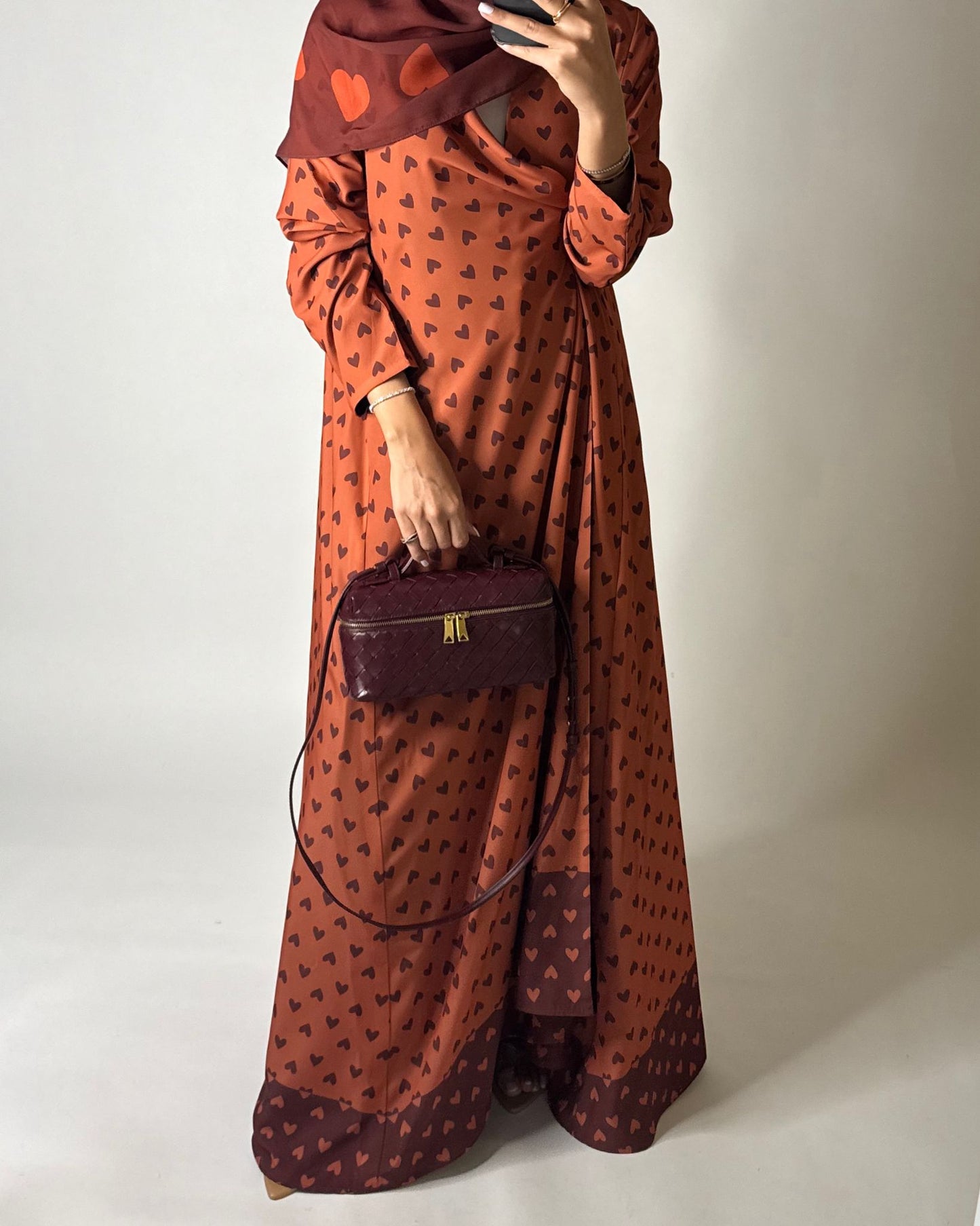 A608 - Burnt Orange Heart A-CUT Wrap Summery Abaya & Matching Head Scarf