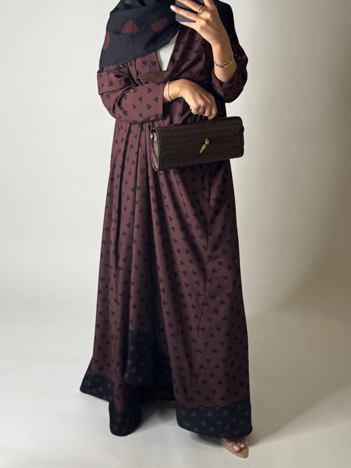 A606 - Shades of Brown Heart A-CUT Wrap Summery Abaya & Matching Head Scarf