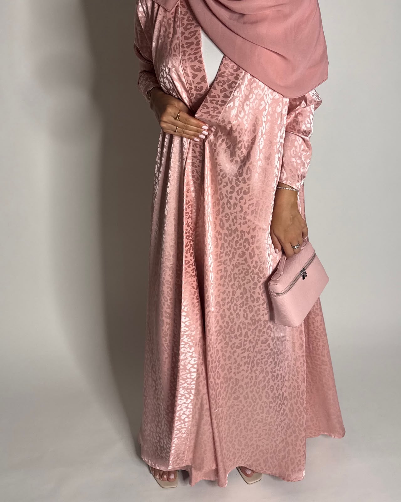 A616 - Pink Leopard Pattern Summery A-CUT Wrap Abaya & Head Scarf