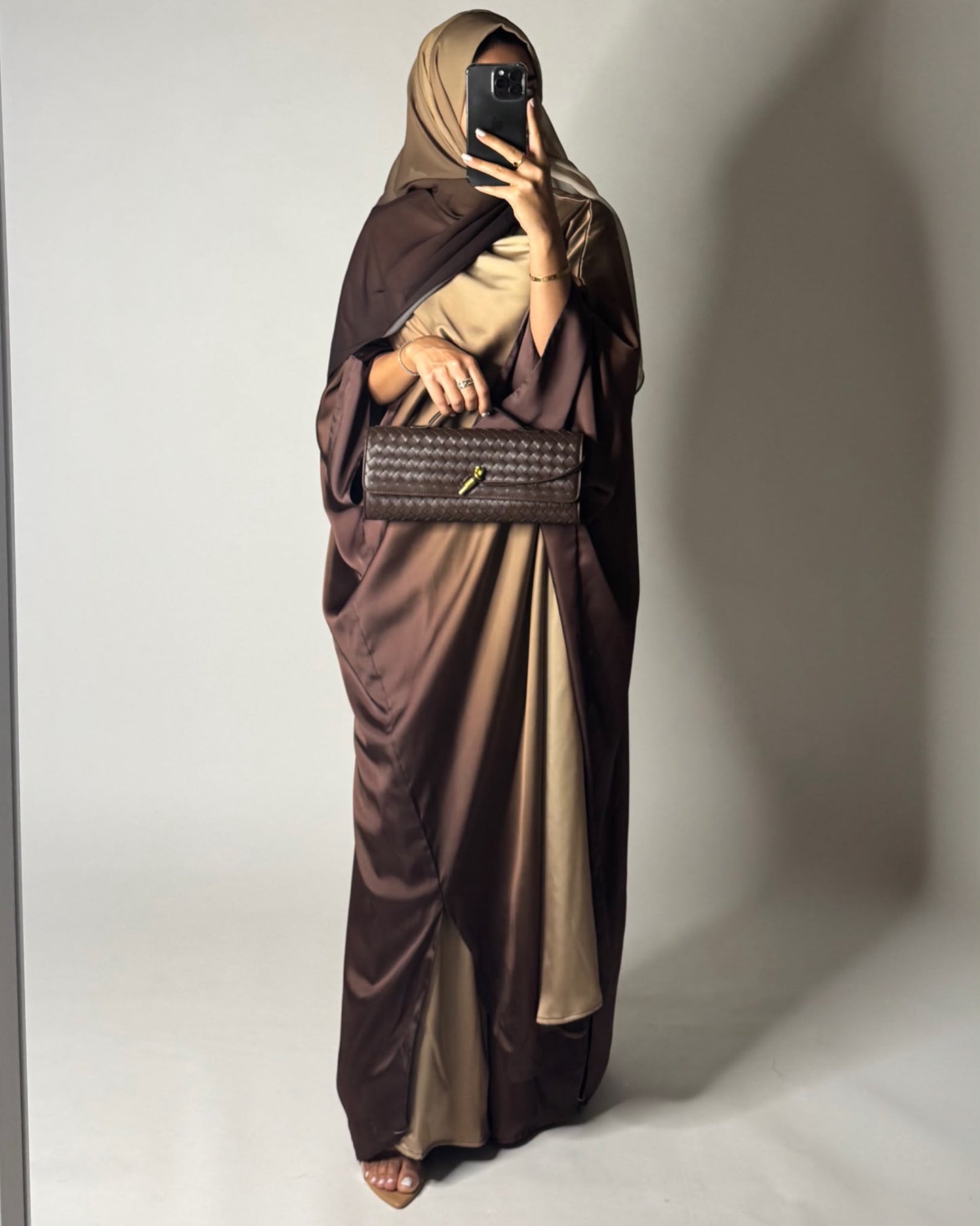 A625 - Shades of Caramel Brown Ombre Summery Bisht Cut Abaya with Matching Head Scarf