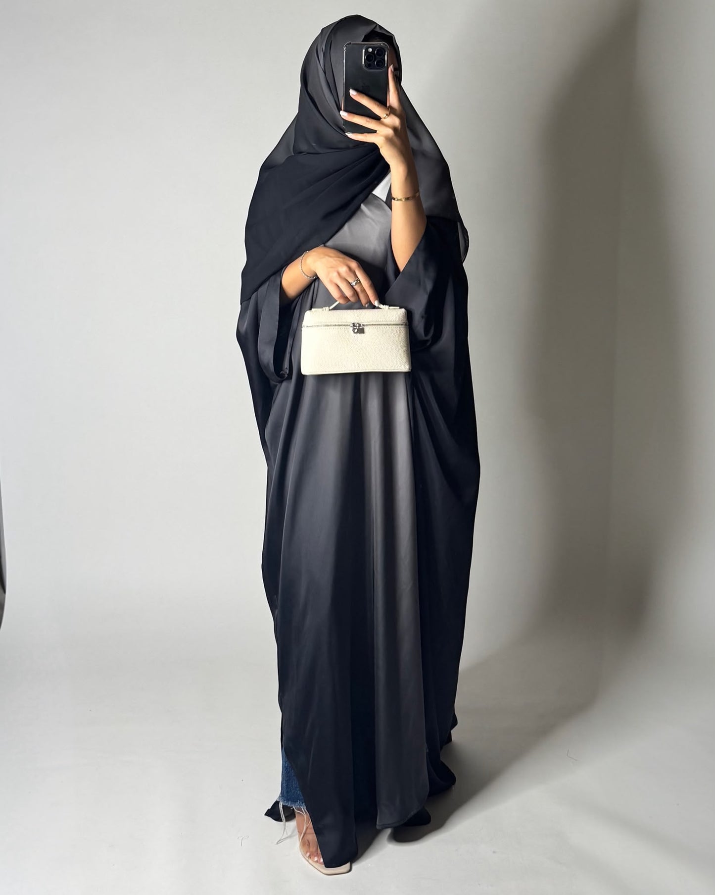 A625 - Black & Gray Ombre Summery Bisht Cut Abaya with Matching Head Scarf