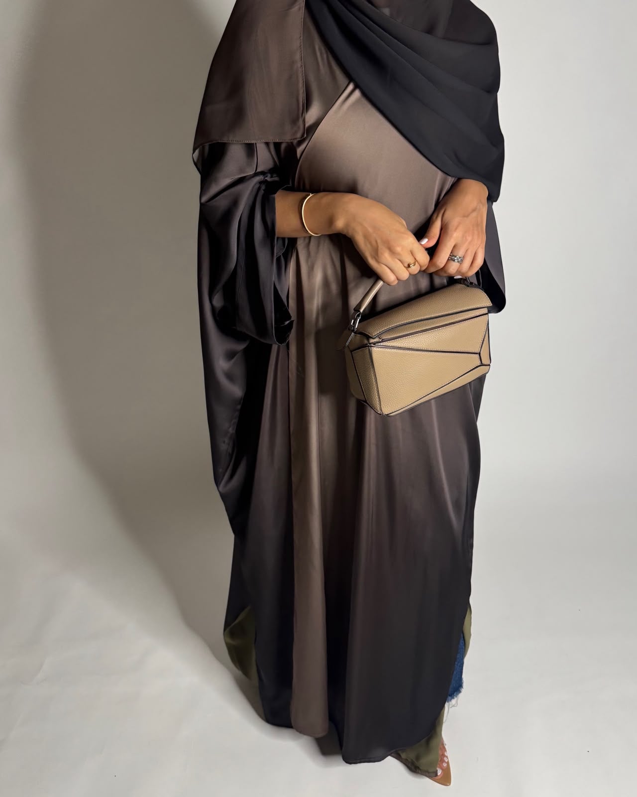 A622 - Shades Of Brown Ombre Summery Bisht Cut Abaya with Matching Head Scarf