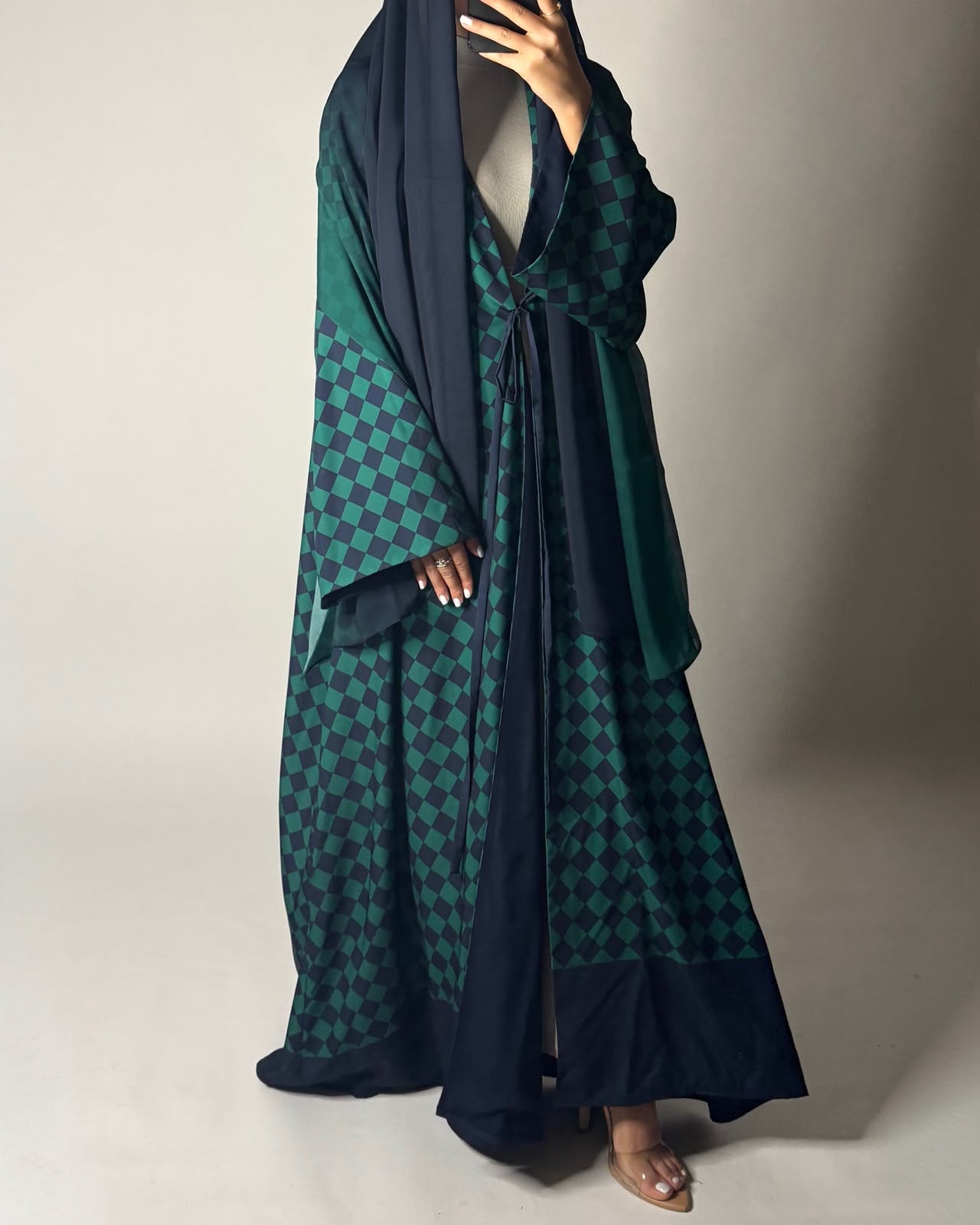 A632 - Navy Blue & Green Checkered A-CUT Abaya with Matching Ombre Head Scarf