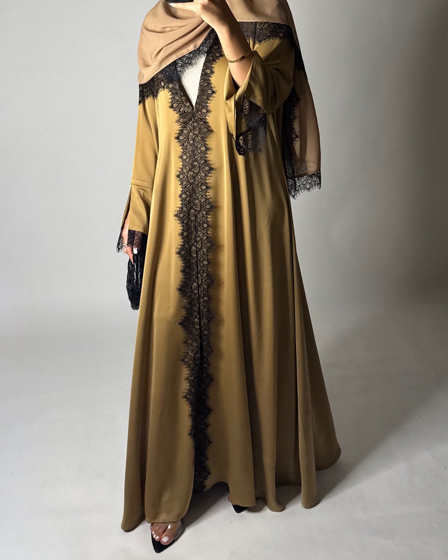A636 - Elegant Gold Brown A-CUT Abaya with Black Lace & Matching Head Scarf