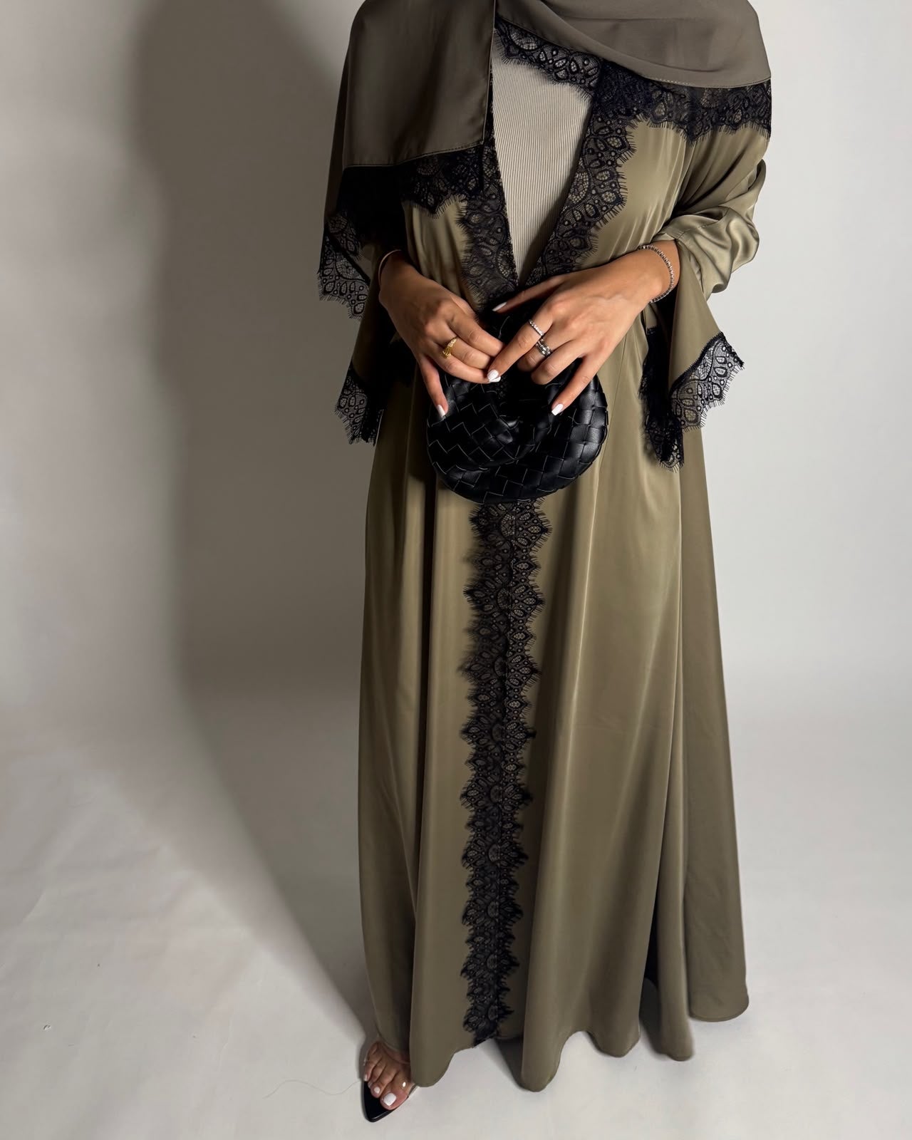 A640 - Elegant Olive Green A-CUT Abaya with Black Lace & Matching Head Scarf