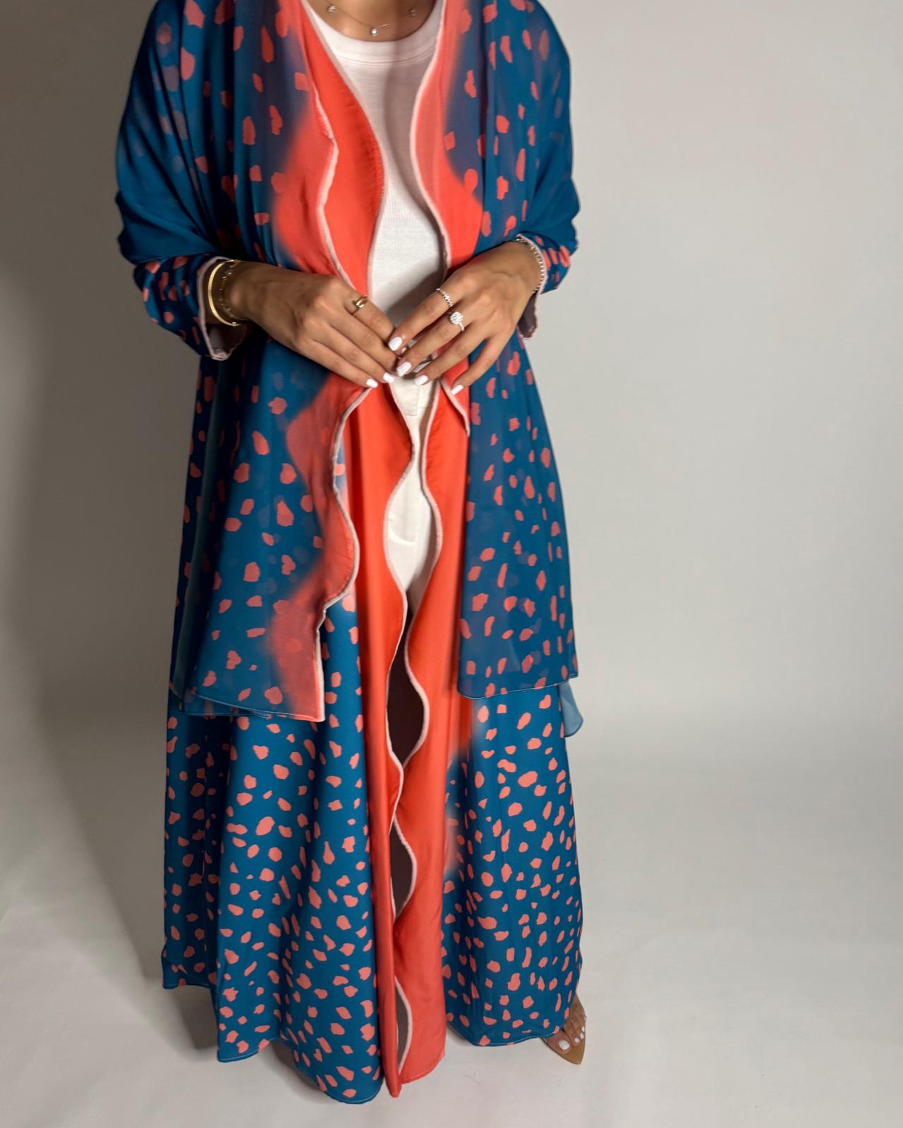 A643 - Waves Leopard Print A-CUT Blue & Peach Abaya & Matching Head Scarf
