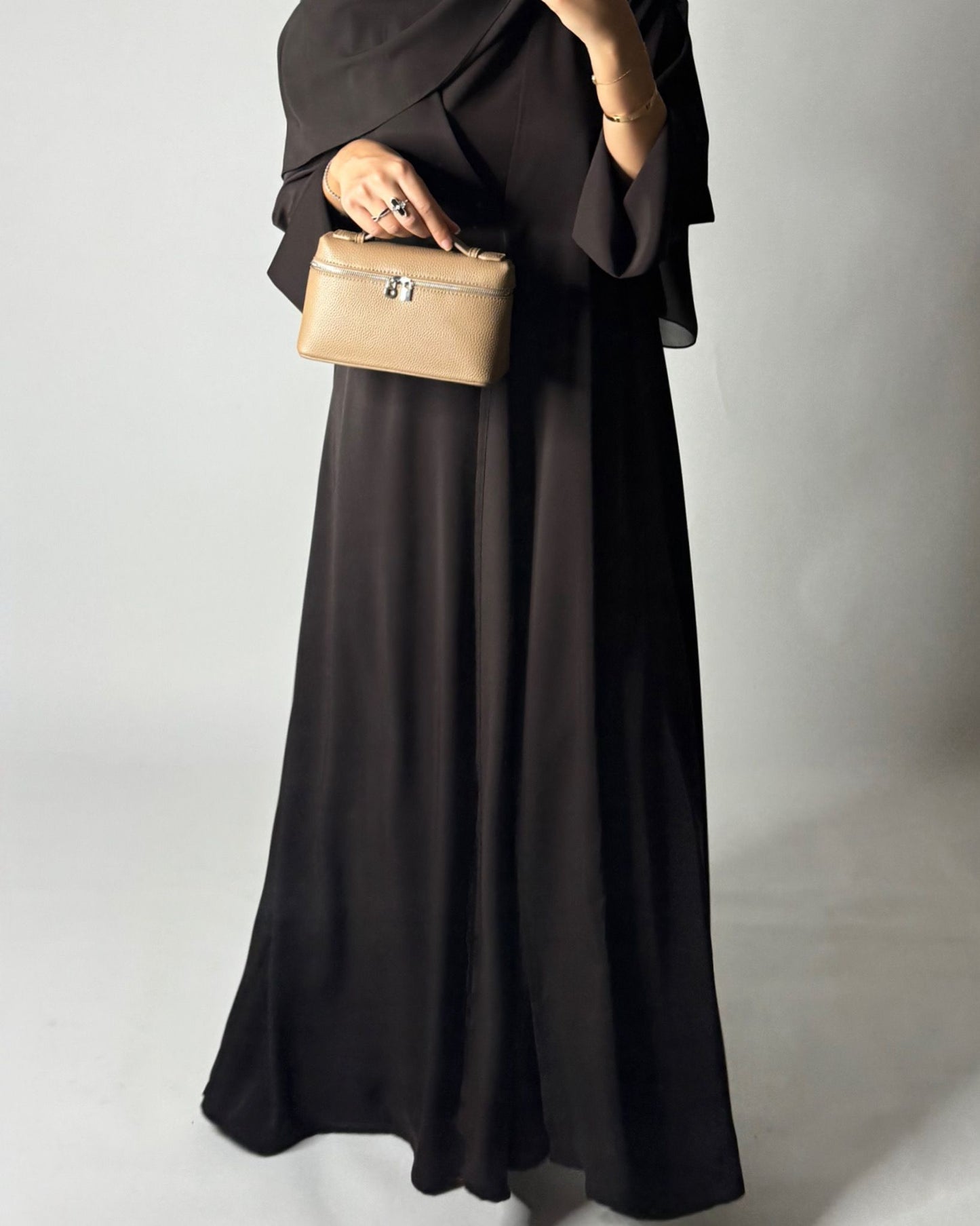 A656 - Dark Brown Flowy Abaya with Flared Sleeves, Under Abaya Dress & Head Scarf