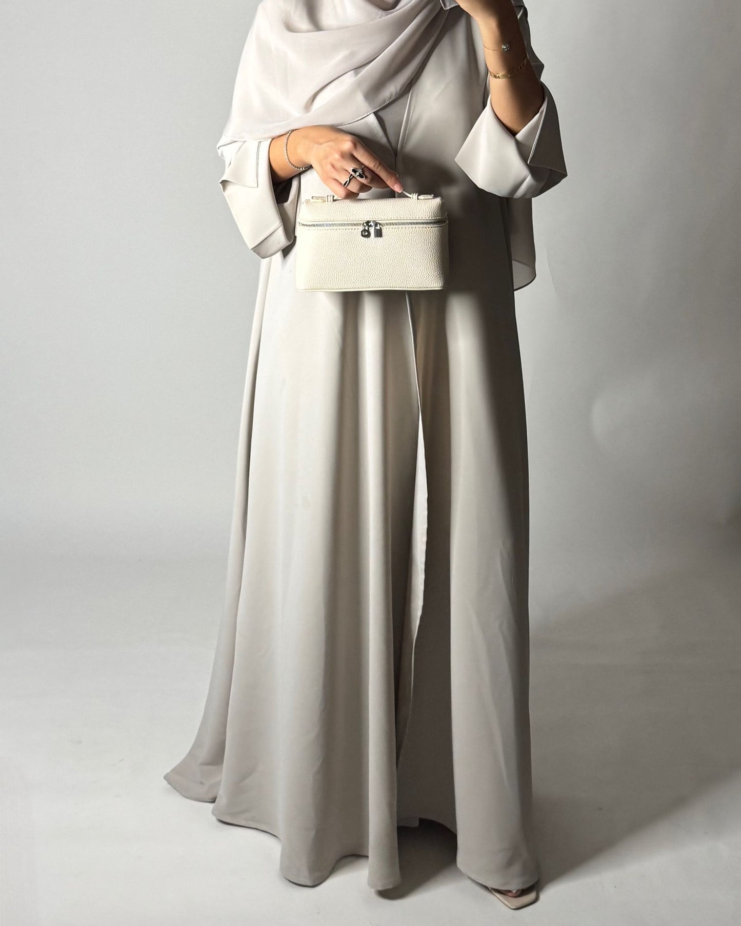 A651 - Dusty Cream Flowy Abaya with Flared Sleeves, Under Abaya Dress & Head Scarf