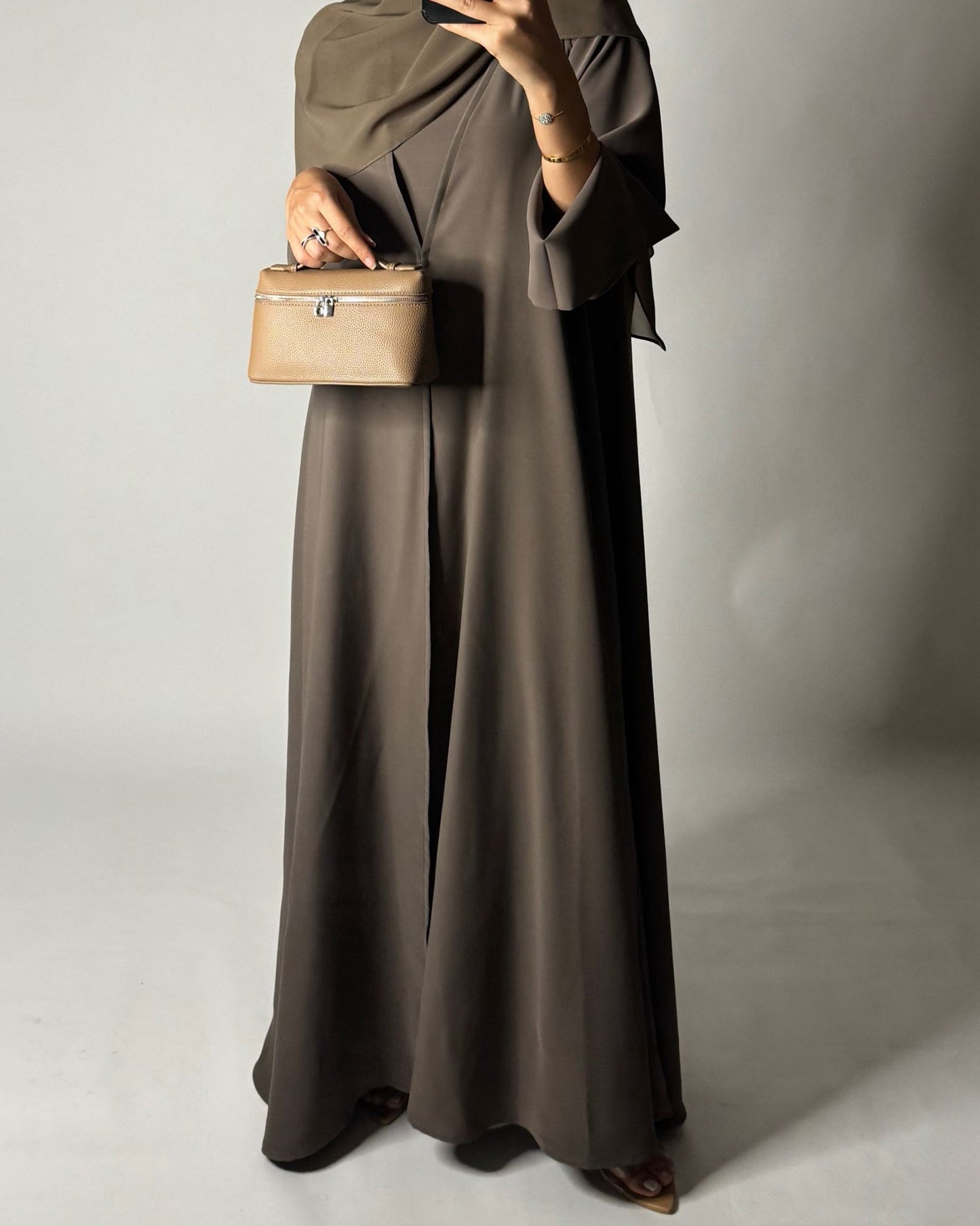 A652 - Brown Flowy Abaya with Flared Sleeves, Under Abaya Dress & Head Scarf