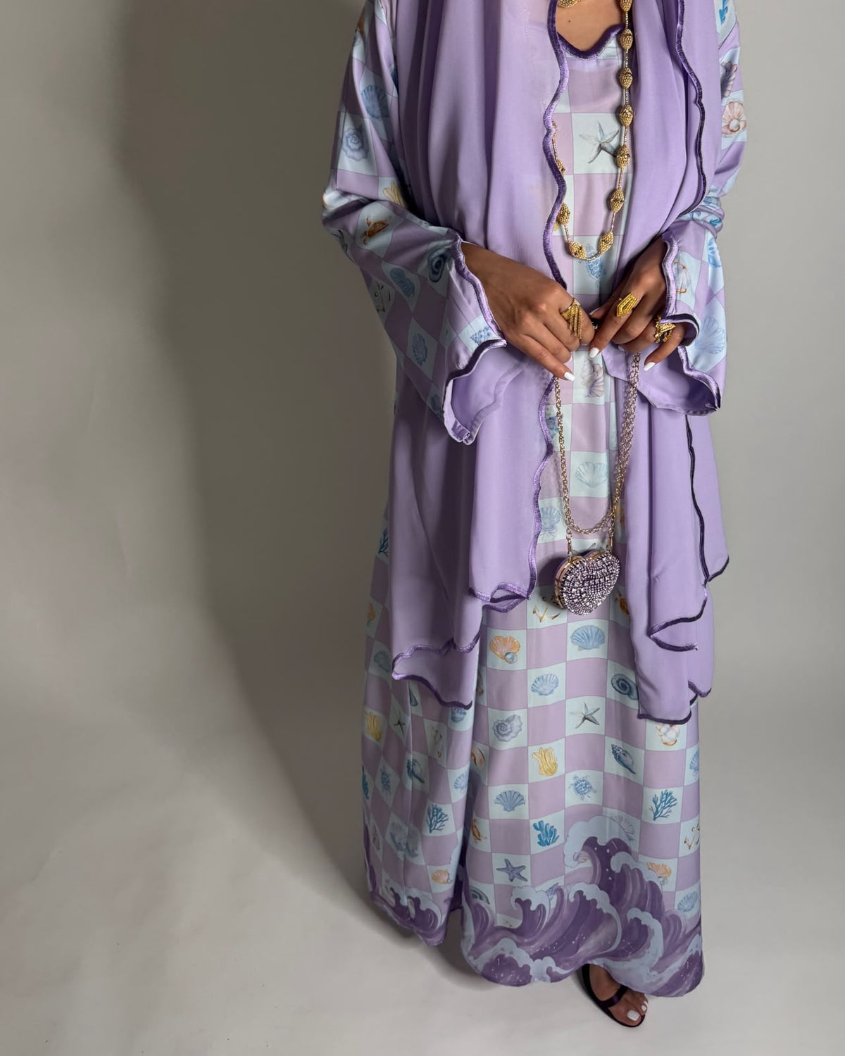 A679 - Lilac Purple & Baby Blue Waves Checkered Jalabiya & Matching Head Scarf