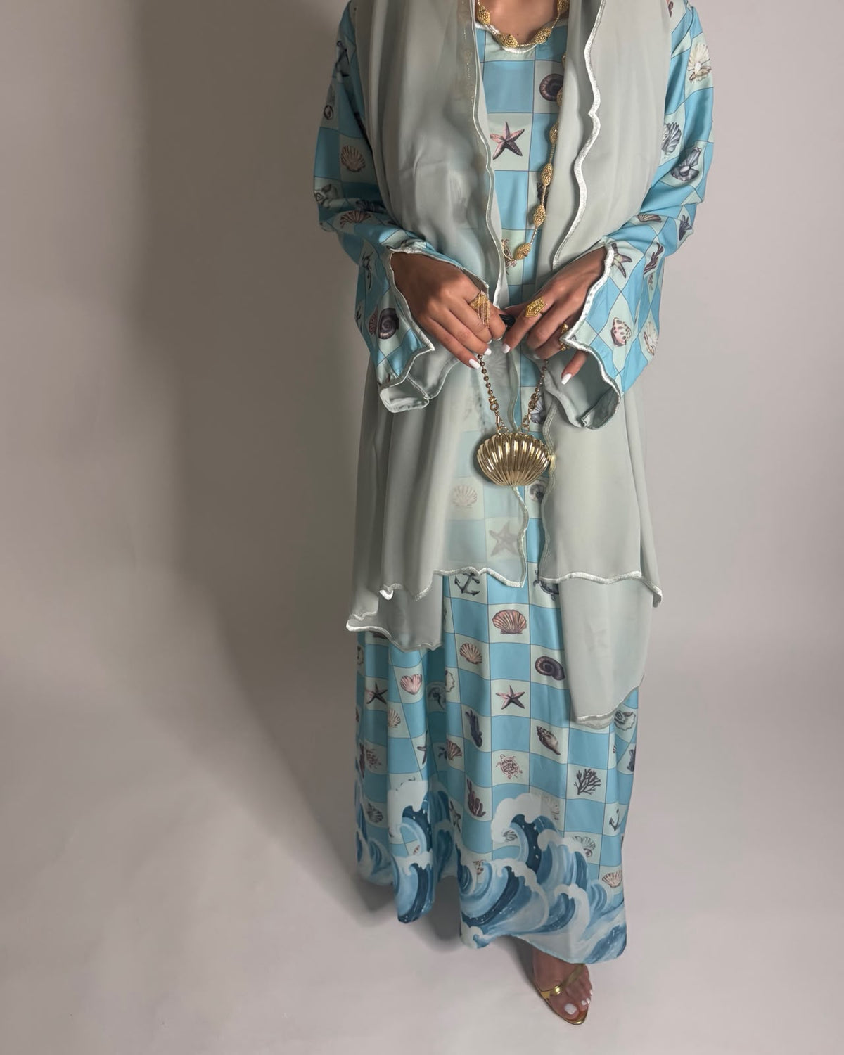 A676 - Blue & Green Waves Checkered Jalabiya & Matching Head Scarf
