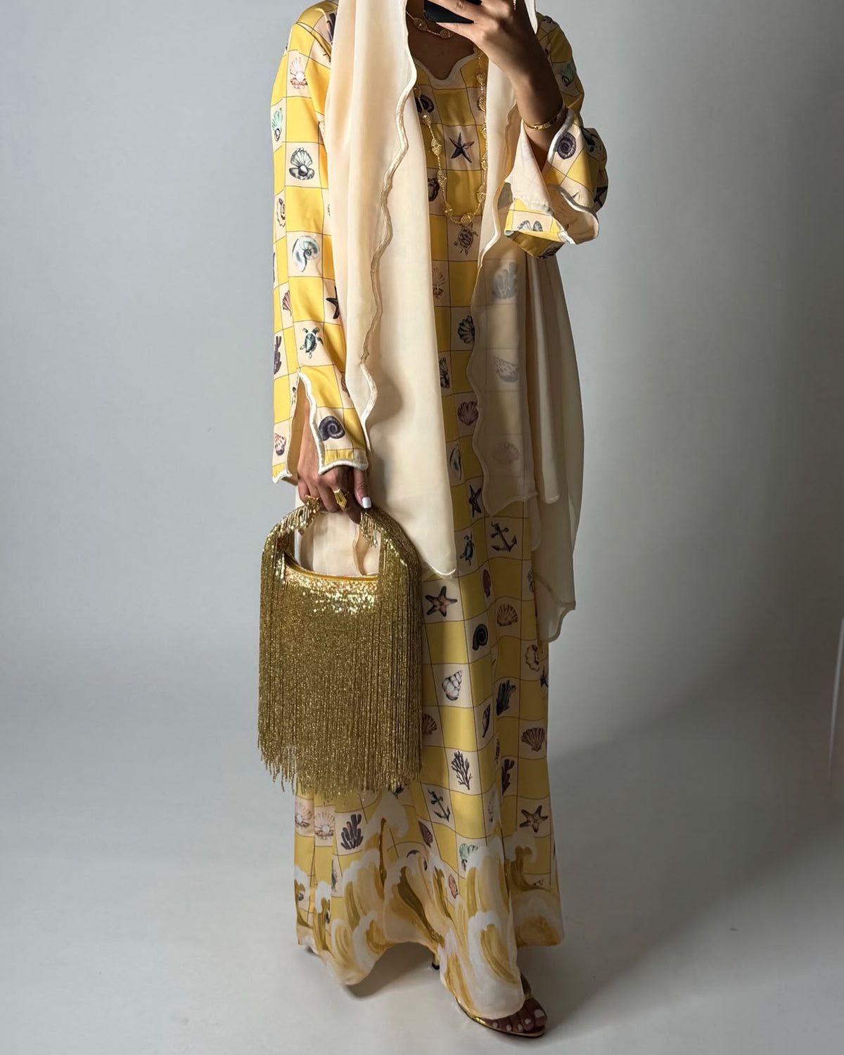 A680 - Shades of Yellow Waves Checkered Jalabiya & Matching Head Scarf