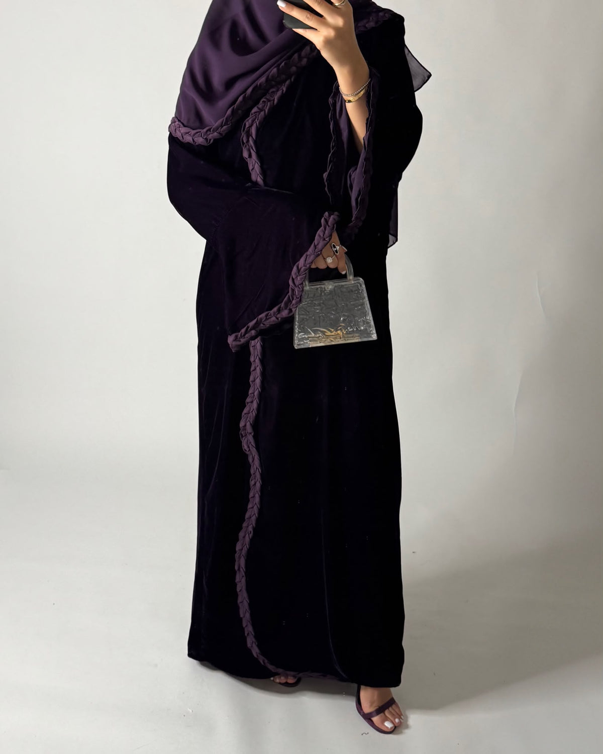 A683 - Purple Braided Waves Velvet Abaya with Matching Head Scarf