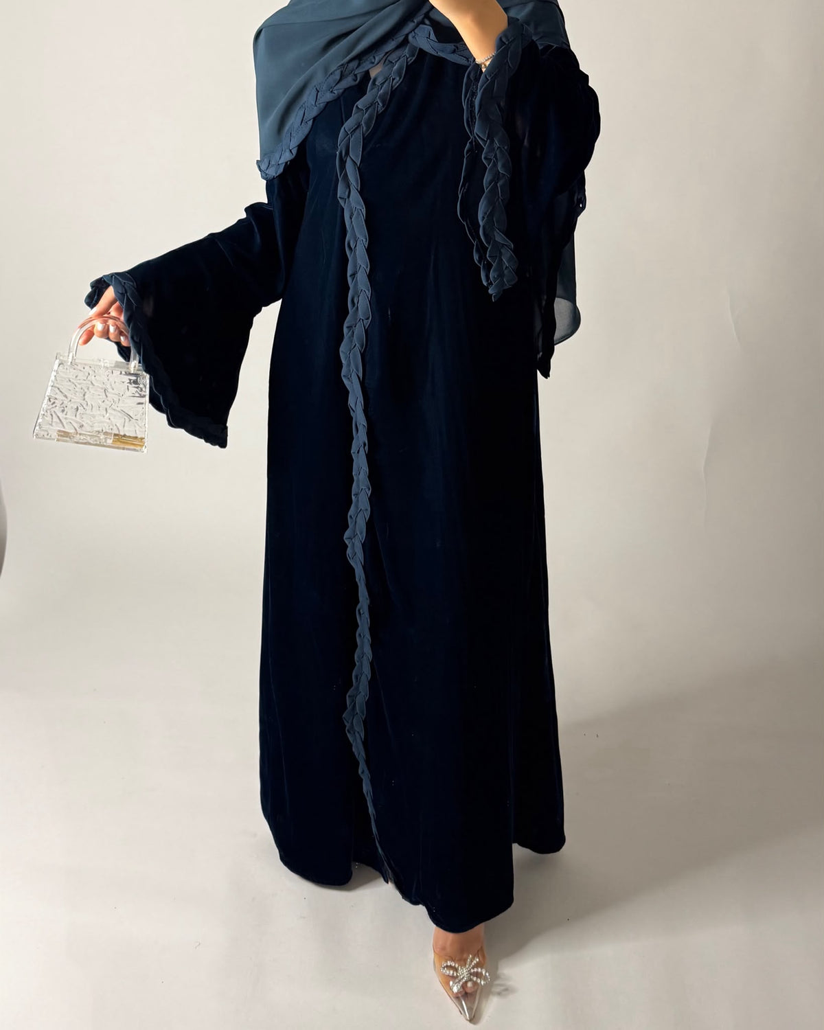 A689 - Turquoise Blue Braided Waves Velvet Abaya with Matching Head Scarf
