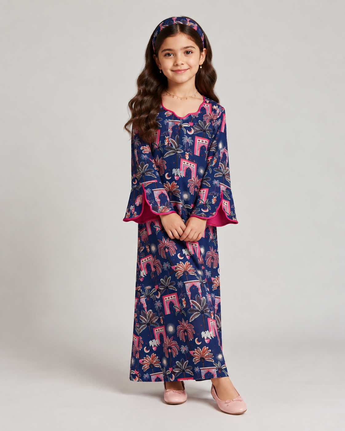A660 - KIDS Navy Blue & Pink Moon & Palm Tree Pattern Jalabiya & Head Band