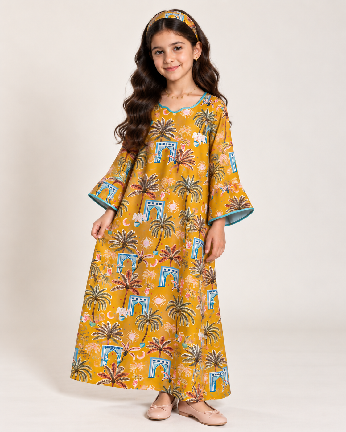 A663 - Yellow & Blue Moon & Palm Tree Pattern Jalabiya & Head Band