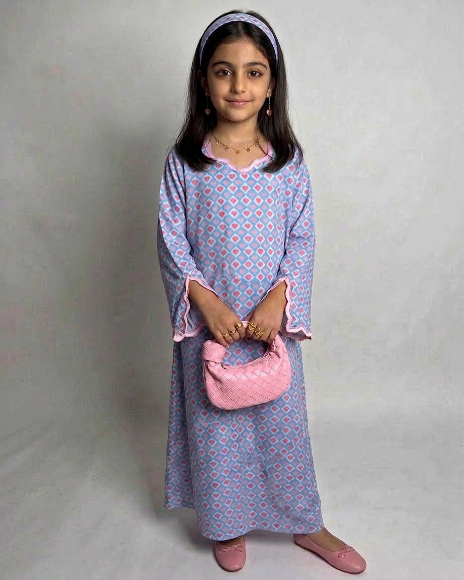 A557 - KIDS Blue & Pink Heart Pattern Jalabiya & Head Band