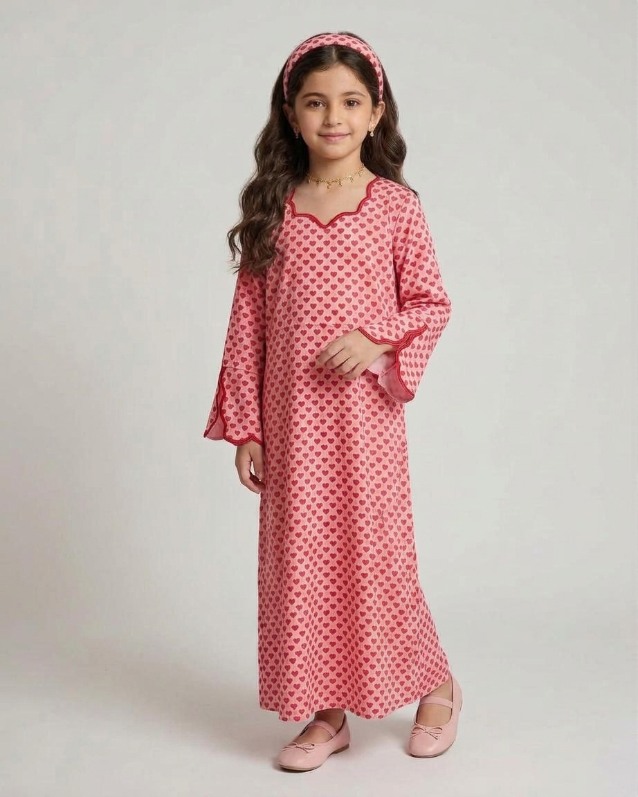 A556 - KIDS Pink & Red Heart Pattern Jalabiya & Head Band
