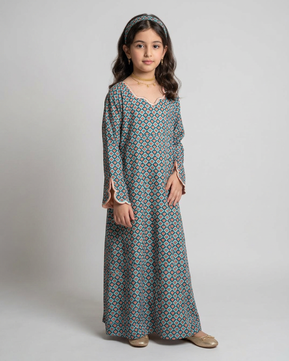 A559 - KIDS Blue & Peach Heart Pattern Jalabiya & Head Band