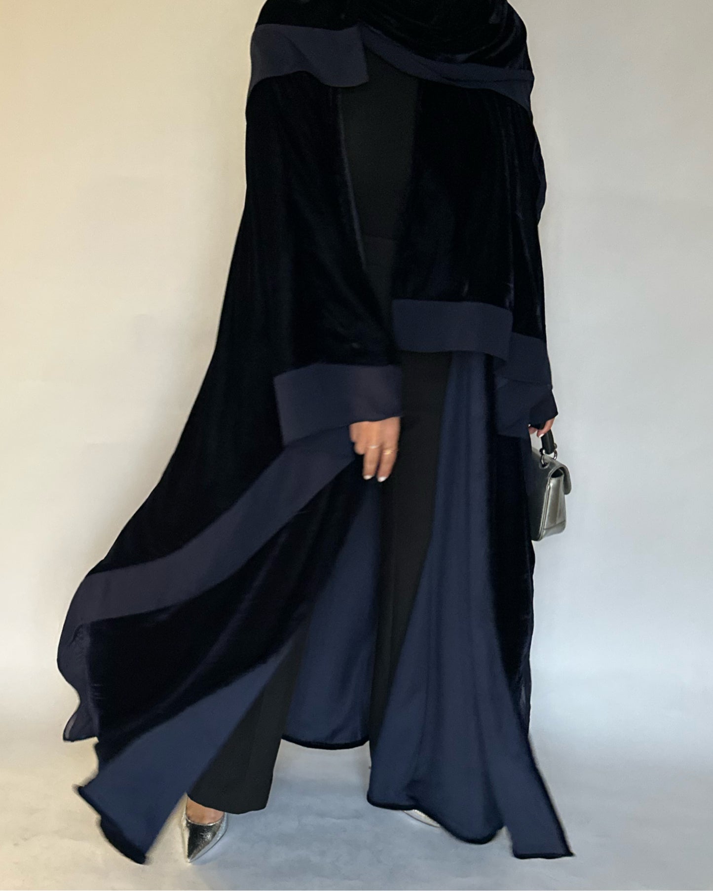 A137 - Navy Blue Velvet Abaya, Velvet Head Scarf & Chiffon Dress