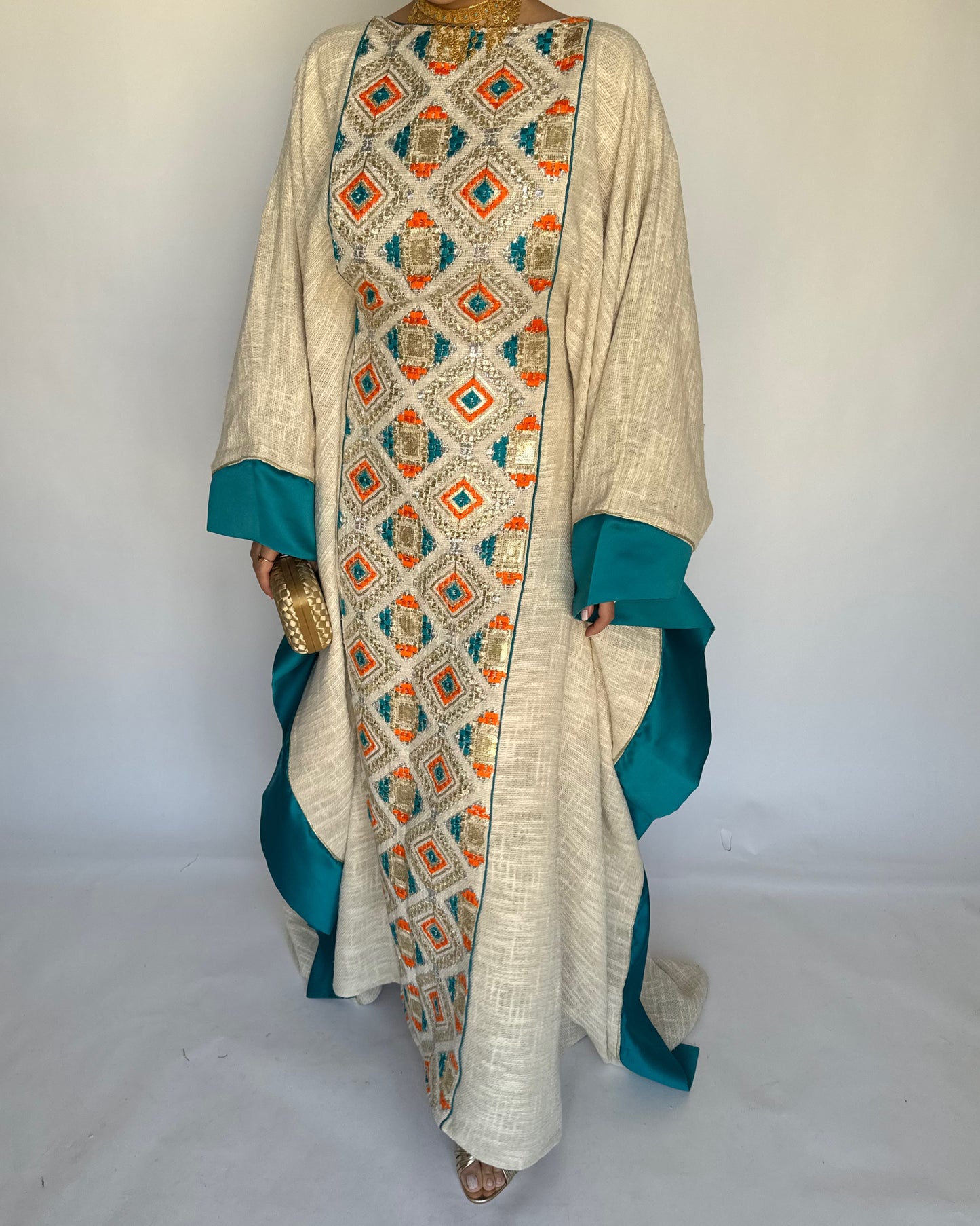 A337 - Blue/ Orange & Beige Linen Butterfly Cut Jalabiya