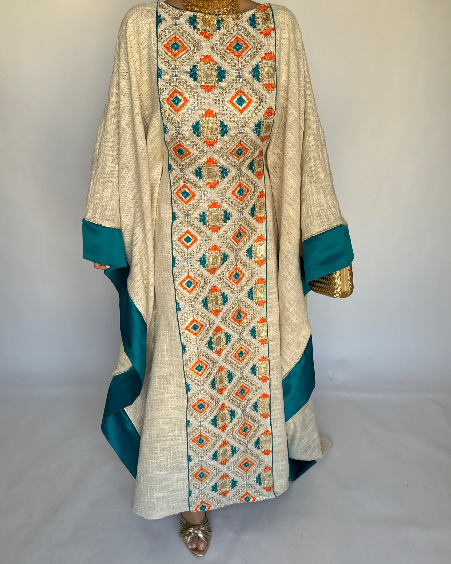 A337 - Blue/ Orange & Beige Linen Butterfly Cut Jalabiya