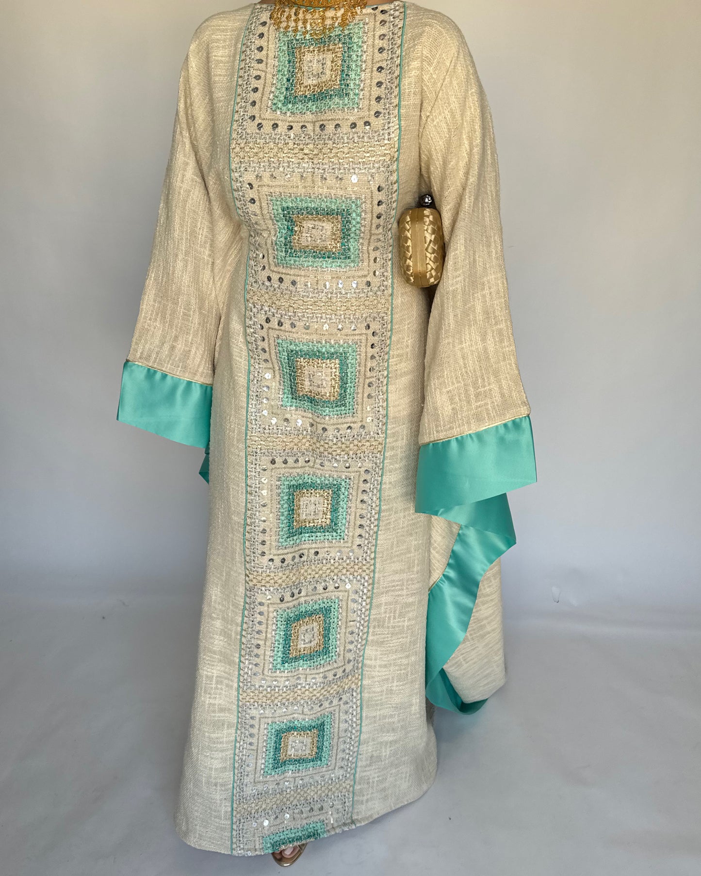 A338 - Blue & Beige Linen Butterfly Cut Jalabiya