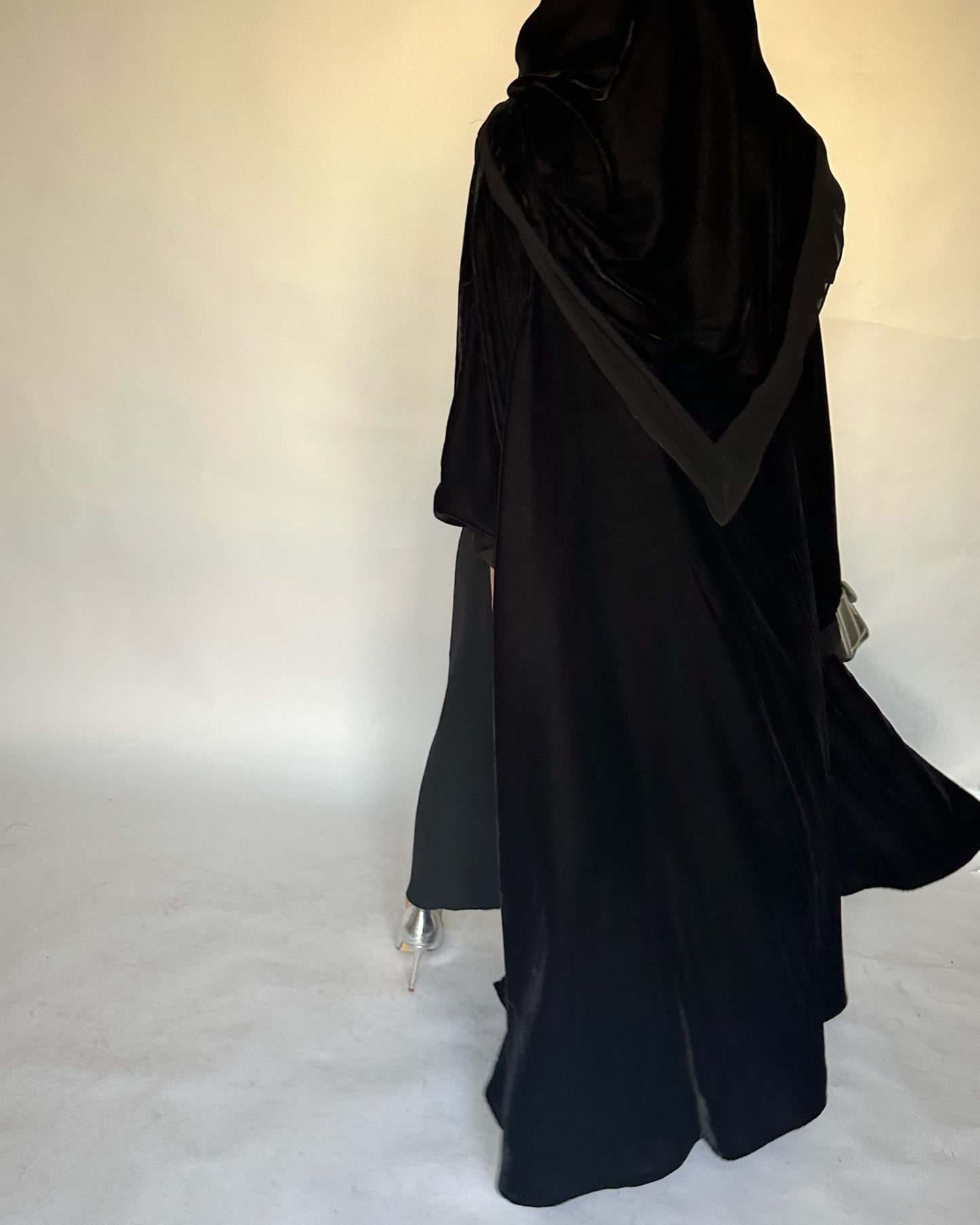 A140 - Black Velvet Abaya, Velvet Head Scarf & Chiffon Dress