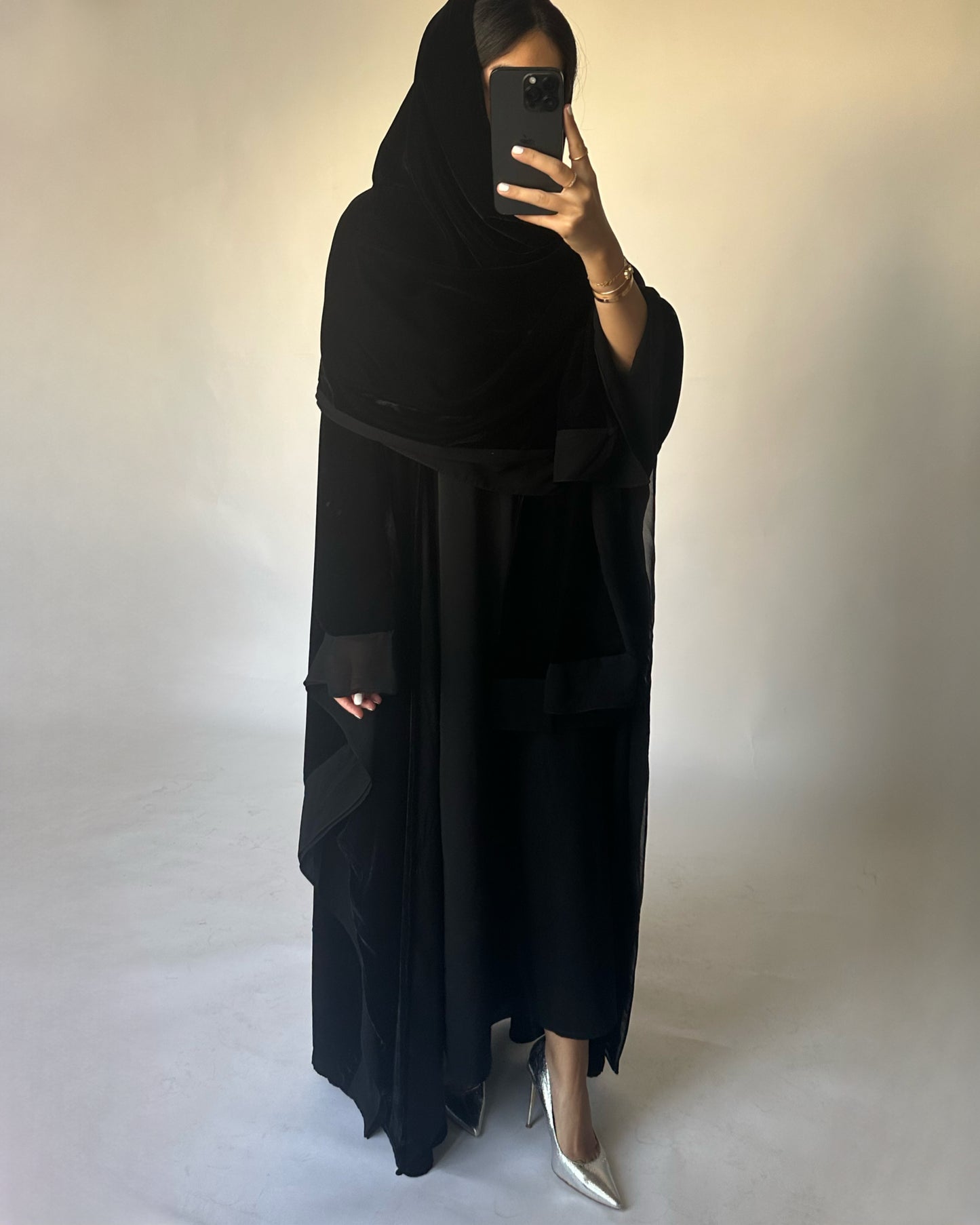 A140 - Black Velvet Abaya, Velvet Head Scarf & Chiffon Dress