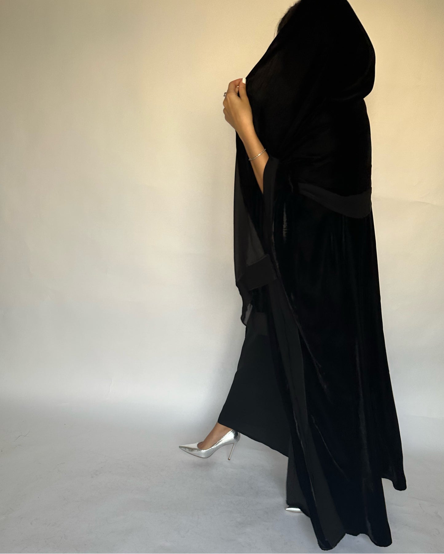 A140 - Black Velvet Abaya, Velvet Head Scarf & Chiffon Dress