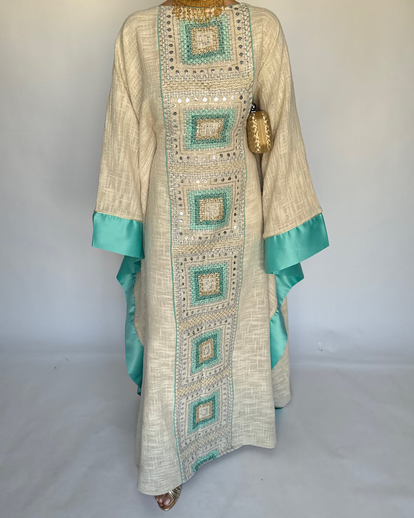 A338 - Blue & Beige Linen Butterfly Cut Jalabiya