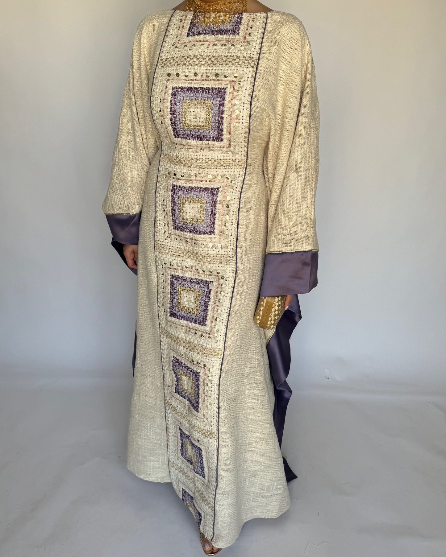 A340 - Purple & Beige Linen Butterfly Cut Jalabiya