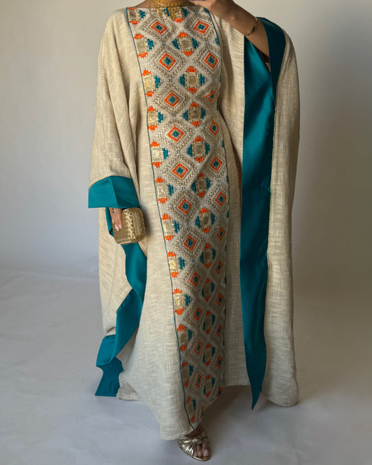 A337 - Blue/ Orange & Beige Linen Butterfly Cut Jalabiya